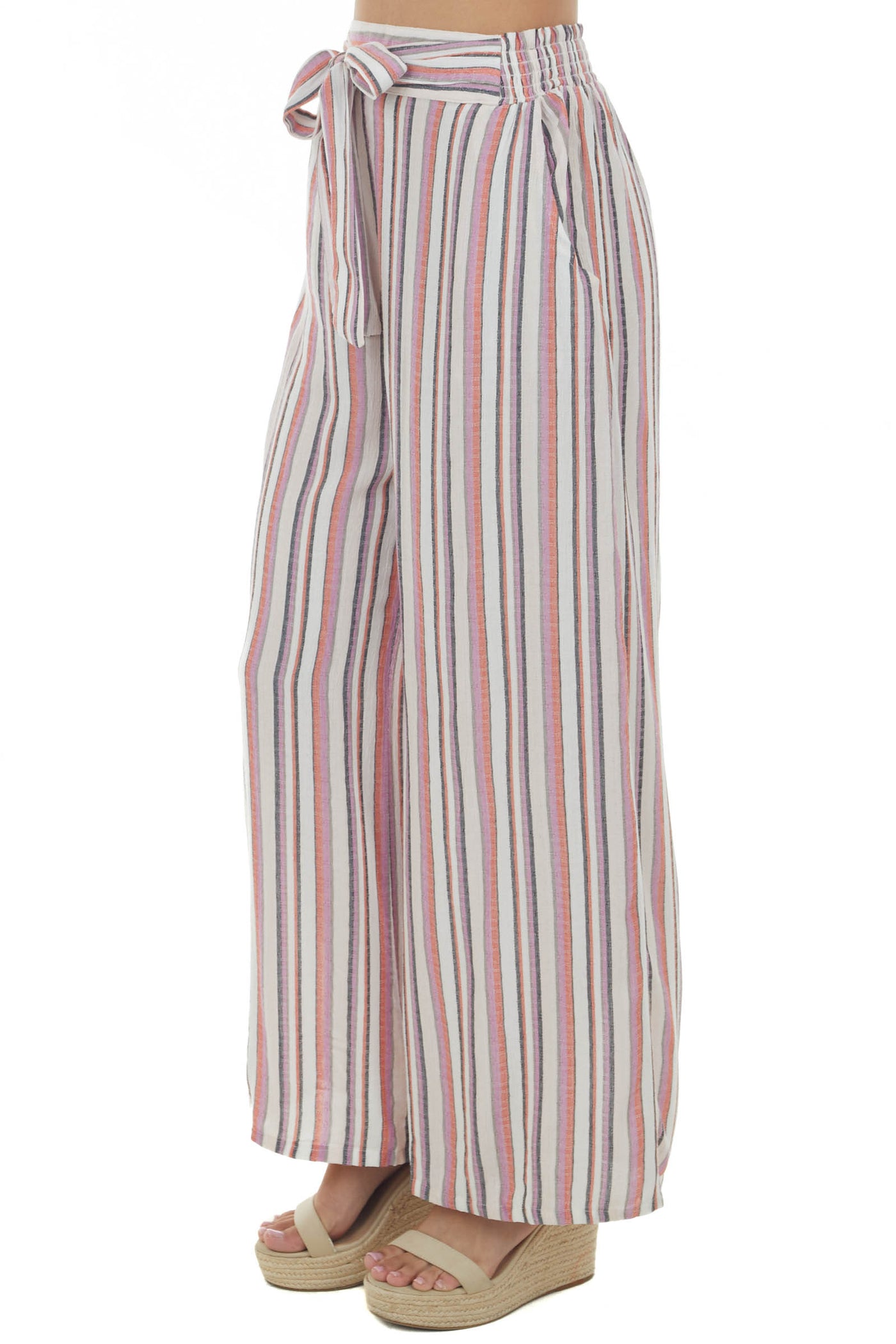 Coral Striped Pants with Smocked Waist Tie