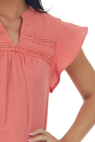 Coral V Neck Lace Trim Flutter Short Sleeve Top