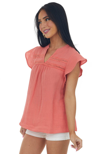 Coral V Neck Lace Trim Flutter Short Sleeve Top