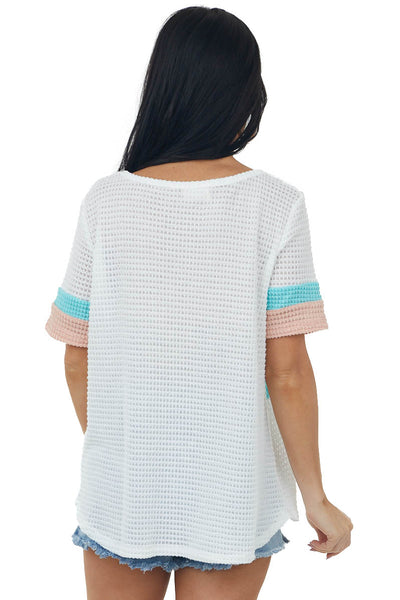 Coral and Turquoise Colorblock Waffle Knit Top