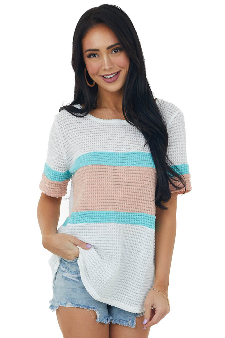 Coral and Turquoise Colorblock Waffle Knit Top