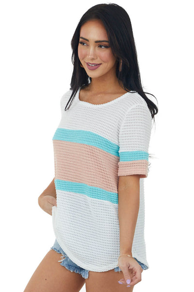 Coral and Turquoise Colorblock Waffle Knit Top