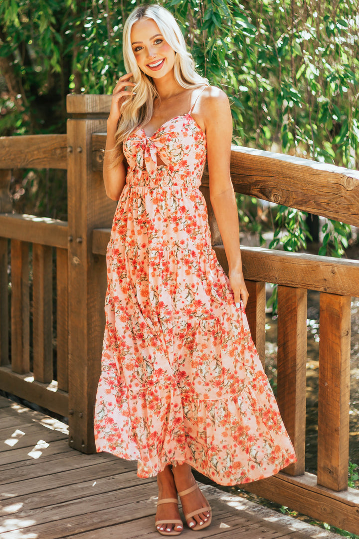 Coral Floral Print Sweetheart Neck Maxi Dress