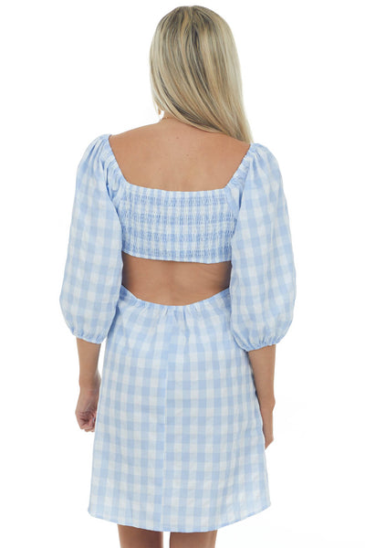 Cornflower Gingham Cut Out Puff Sleeve Dress