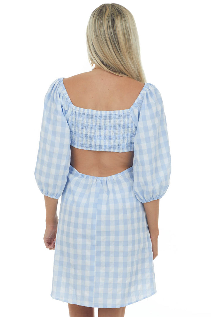 Cornflower Gingham Cut Out Puff Sleeve Dress