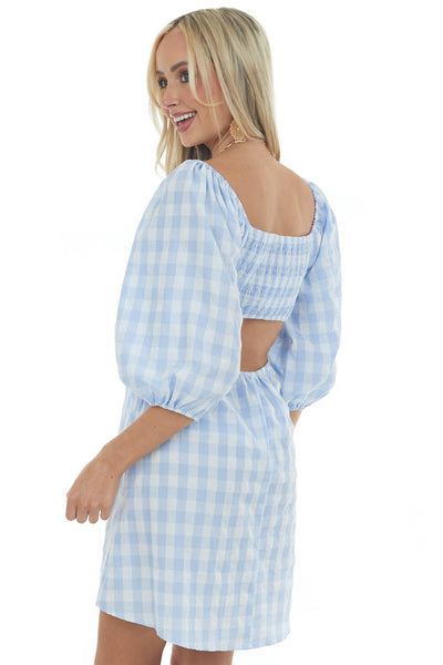Cornflower Gingham Cut Out Puff Sleeve Dress