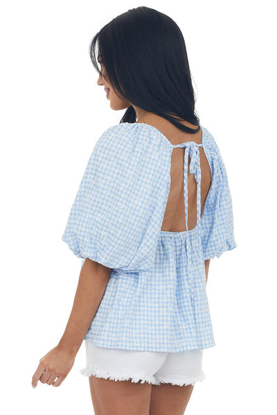 Cornflower Plaid Bubble Sleeve Babydoll Blouse