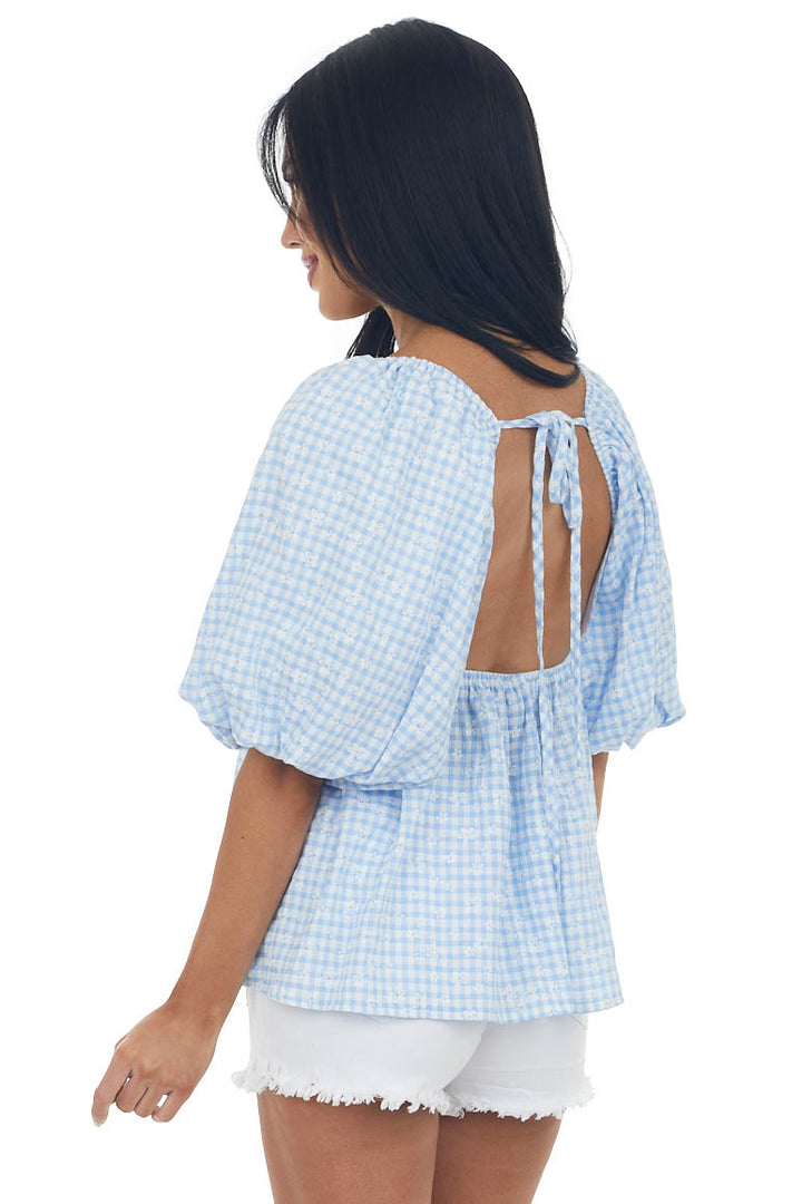 Cornflower Plaid Bubble Sleeve Babydoll Blouse