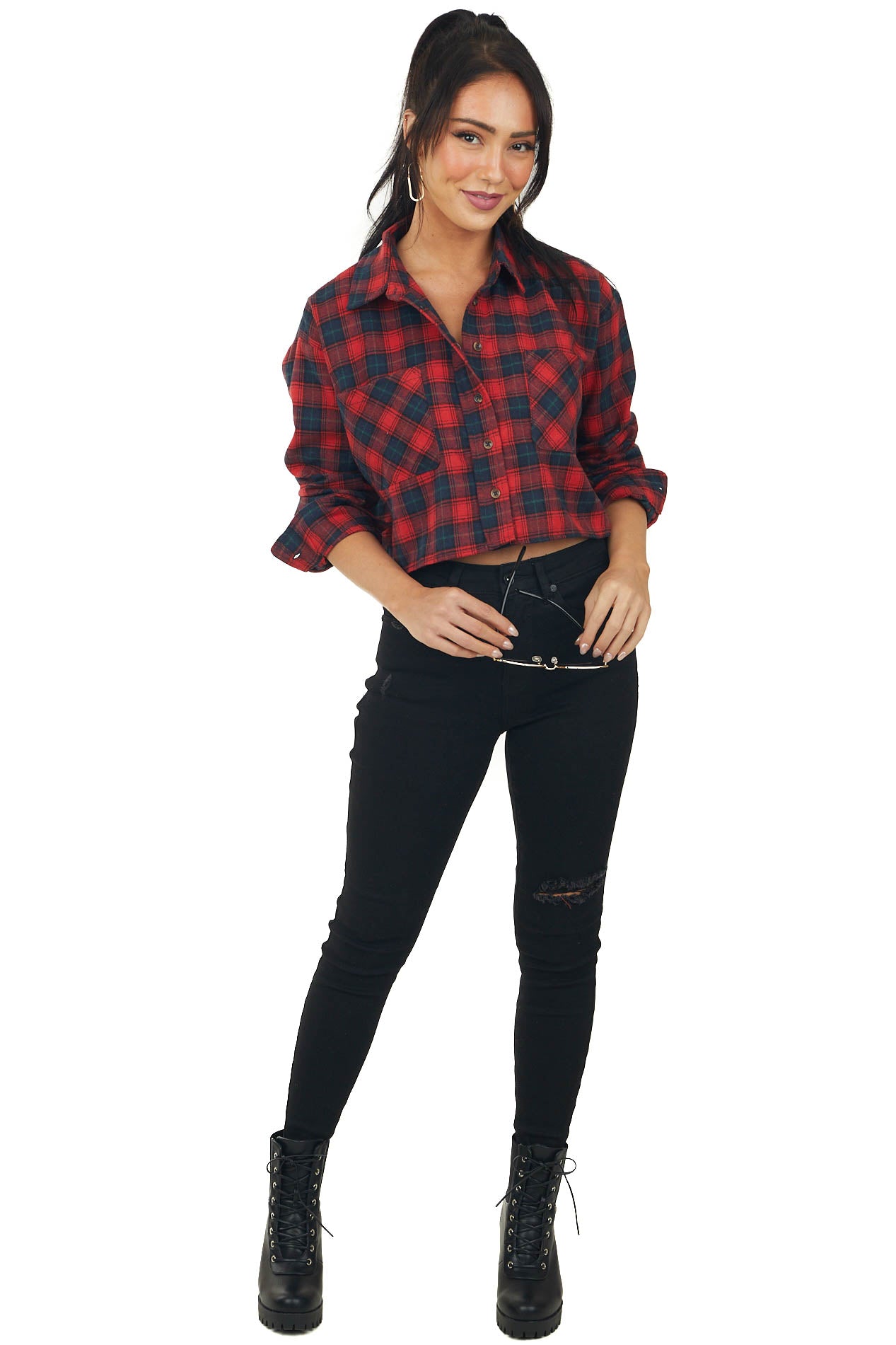 Cranberry and Navy Plaid Chest Pocket Crop Top