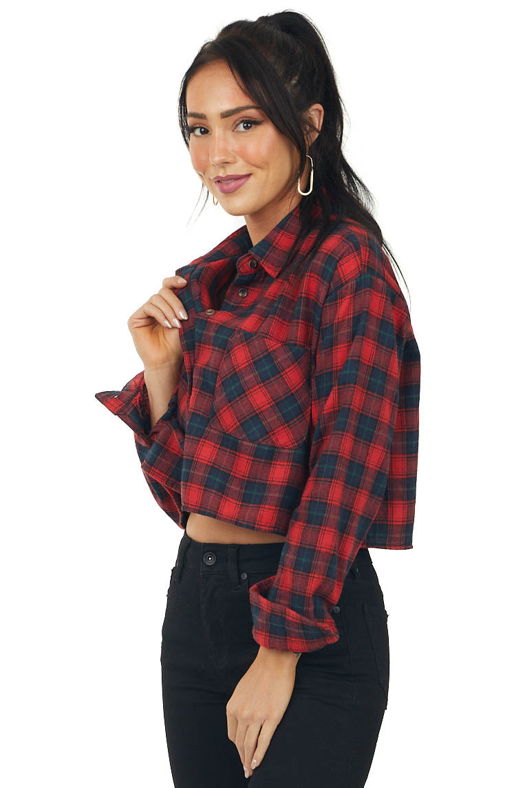 Cranberry and Navy Plaid Chest Pocket Crop Top