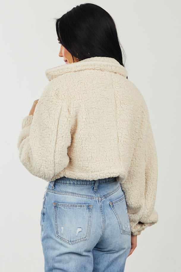 Cream Collared Button Up Cropped Sherpa Jacket