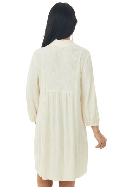 Cream Collared V Neck Pleated Short Woven Dress
