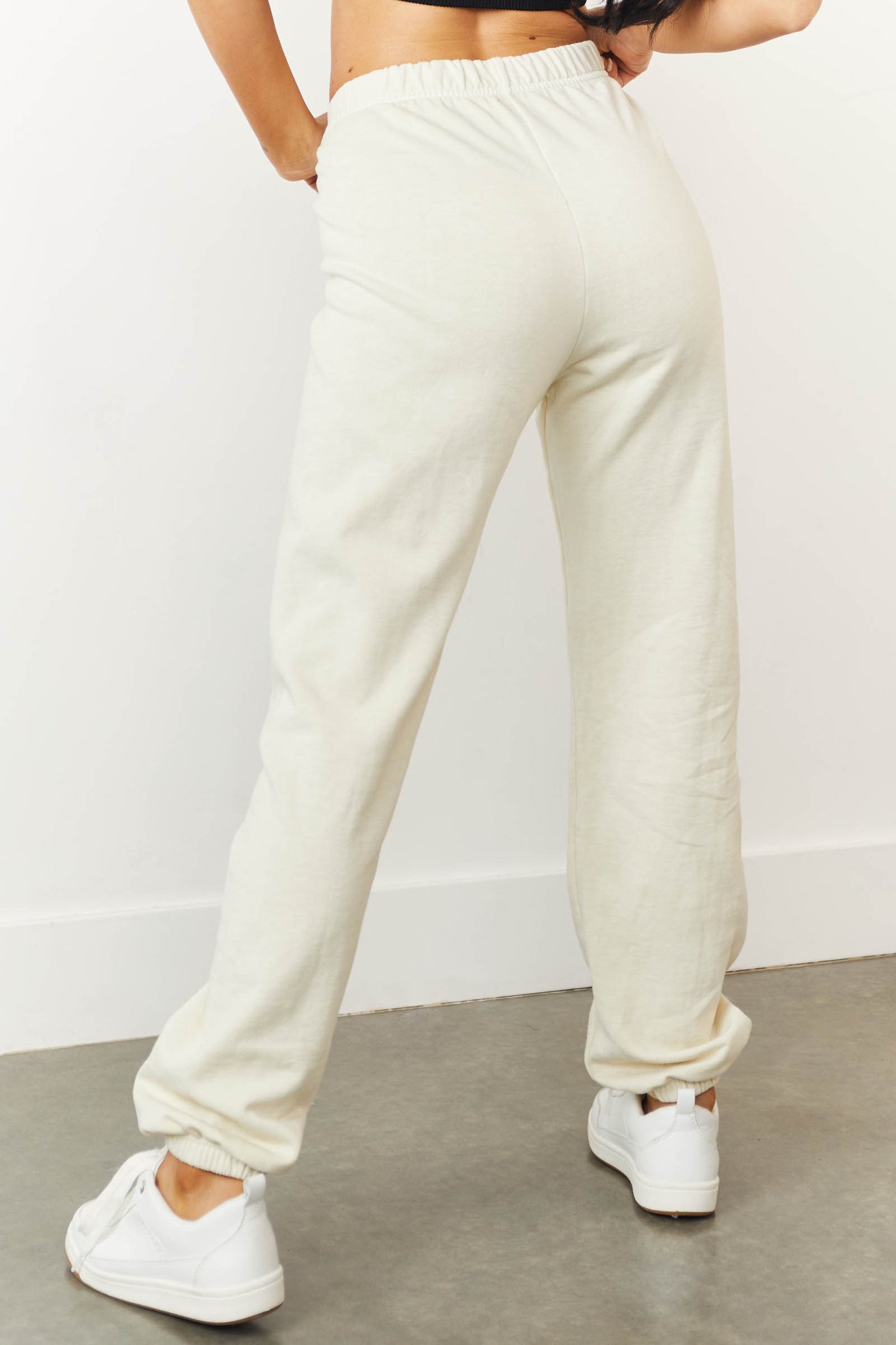 Cream Fleece Lined Solid Cotton Sweatpants