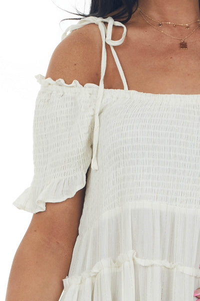 Cream Gold Threaded Cold Shoulder Tiered Dress