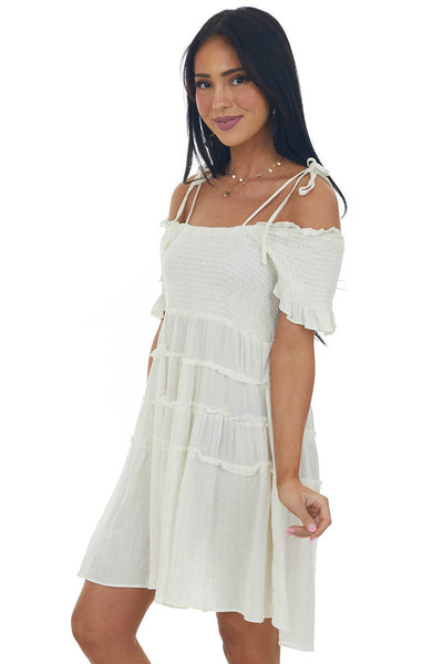 Cream Gold Threaded Cold Shoulder Tiered Dress