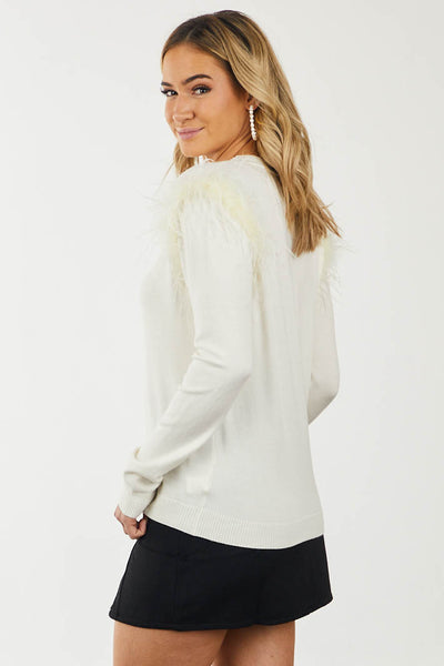 Cream High Neck Sweater with Feather Shoulders