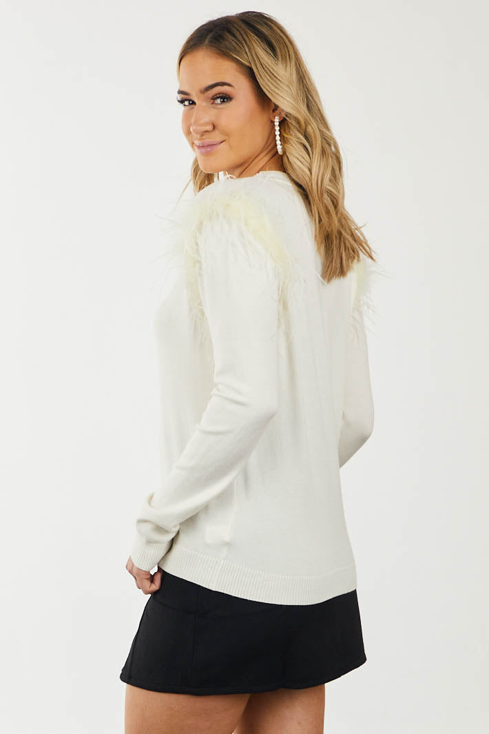 Cream High Neck Sweater with Feather Shoulders