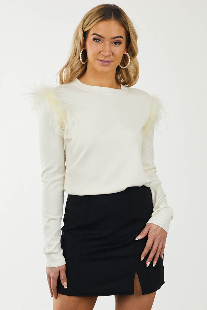 Cream High Neck Sweater with Feather Shoulders