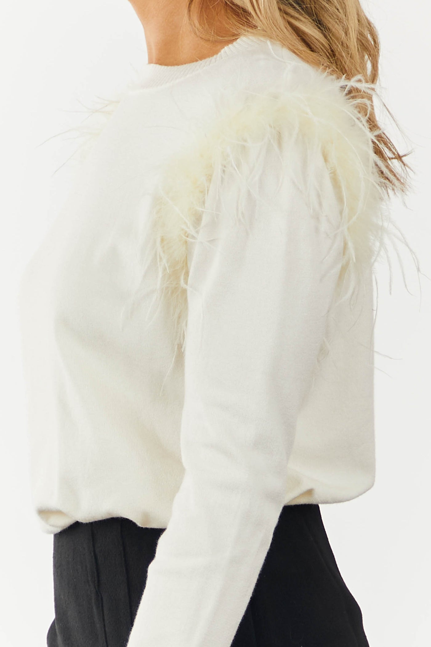 Cream High Neck Sweater with Feather Shoulders