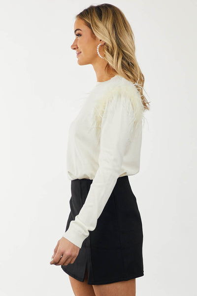 Cream High Neck Sweater with Feather Shoulders