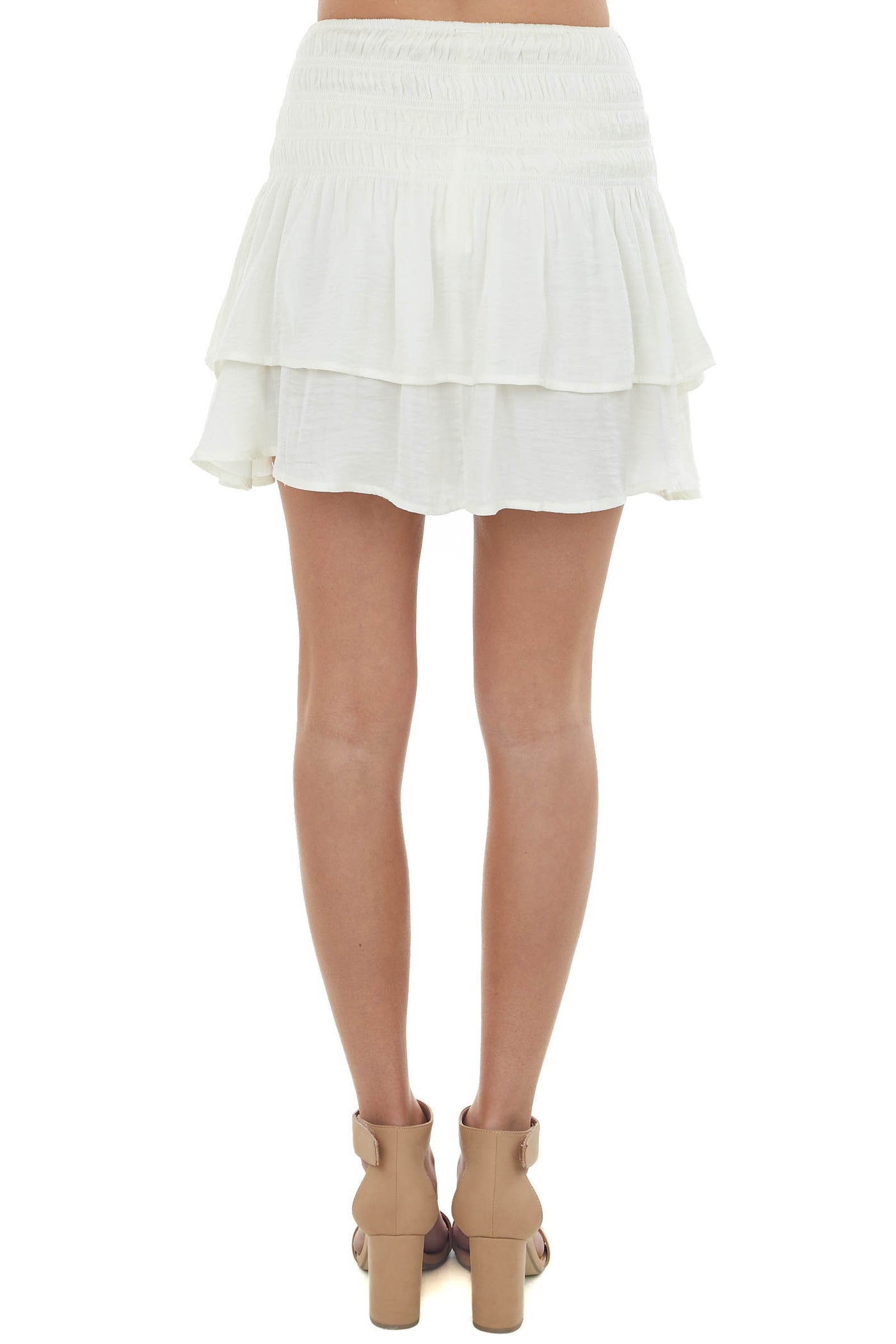 Cream Ruched Ruffle Overlay Woven Mini Skirt