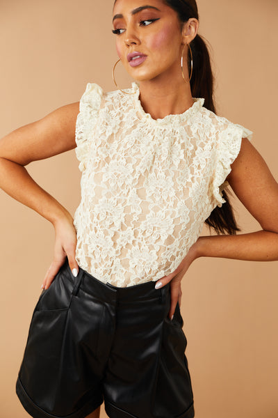 Cream Ruffle Sleeve Floral Lace Blouse
