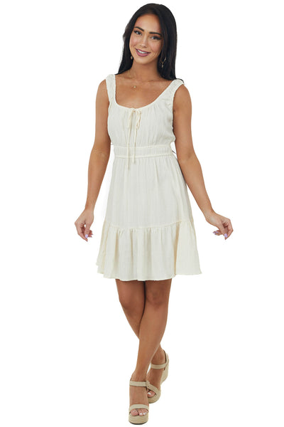 Cream Smocked Waist Textured Mini Tank Dress