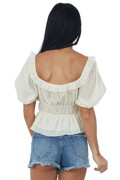 Cream Square Neck Puff Sleeve Woven Peasant Top
