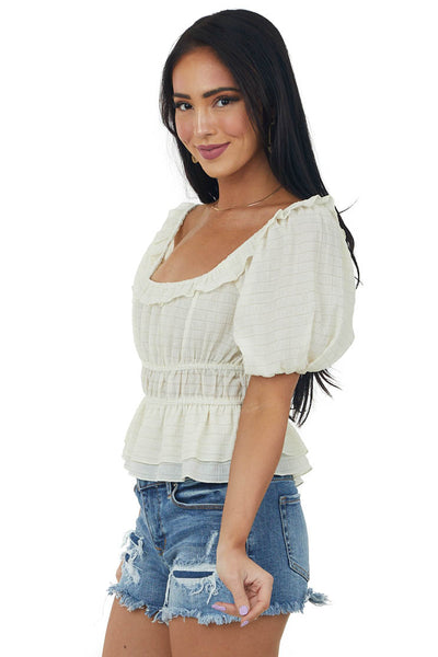 Cream Square Neck Puff Sleeve Woven Peasant Top