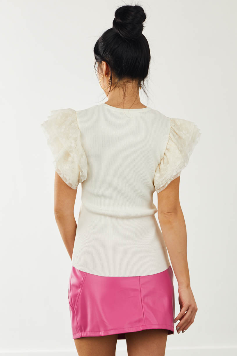 Cream Tulle Lace Sleeve Fitted Ribbed Knit Top