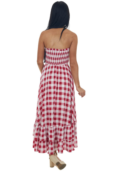 Crimson Gingham Smocked Strapless High Low Dress