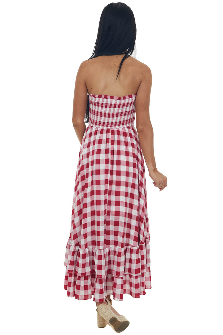 Crimson Gingham Smocked Strapless High Low Dress