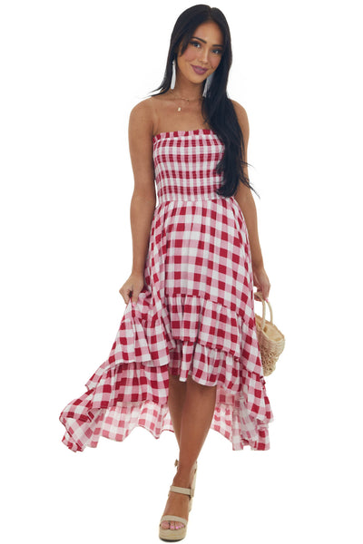 Crimson Gingham Smocked Strapless High Low Dress