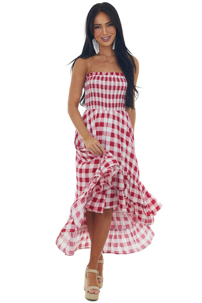 Crimson Gingham Smocked Strapless High Low Dress