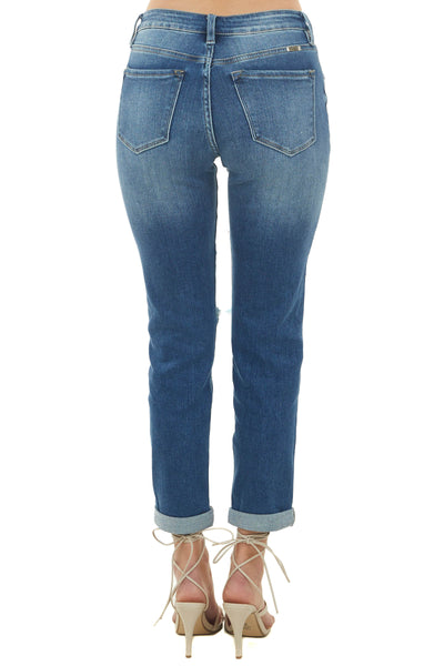 Dark High Rise Distressed Girlfriend Jeans