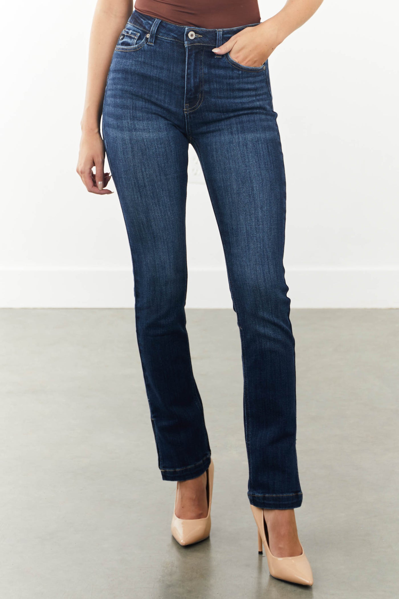 Dark Wash High Rise Bootcut Jeans with Side Slits