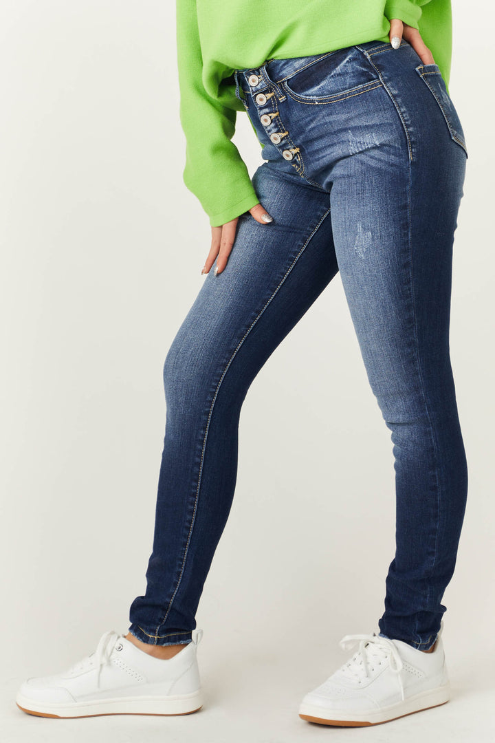 Dark Wash High Rise Super Skinny Jeans with Distress Detail