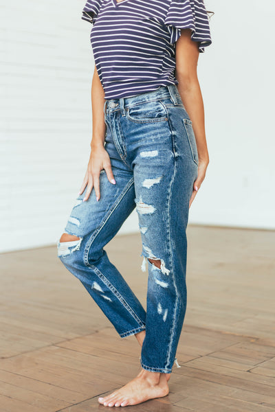 Dark Wash High Rise Mom Fit Heavy Torn Jeans