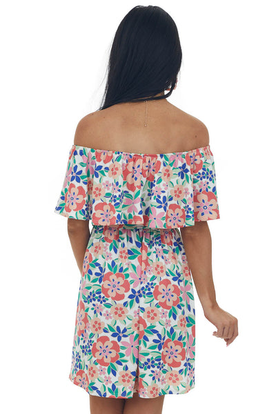 Deep Coral Floral Print Off Shoulder Short Dress