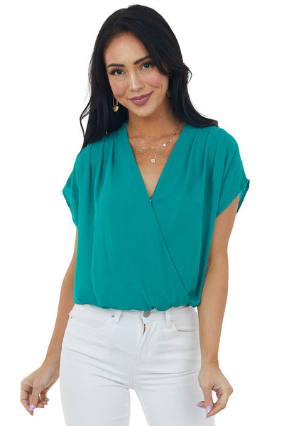 Deep Jade Surplice Blouson Woven Bodysuit