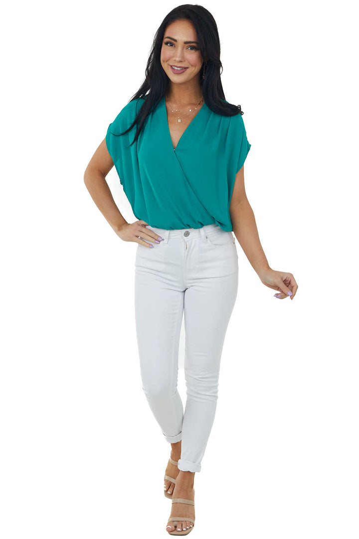 Deep Jade Surplice Blouson Woven Bodysuit
