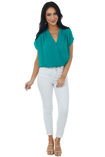 Deep Jade Surplice Blouson Woven Bodysuit