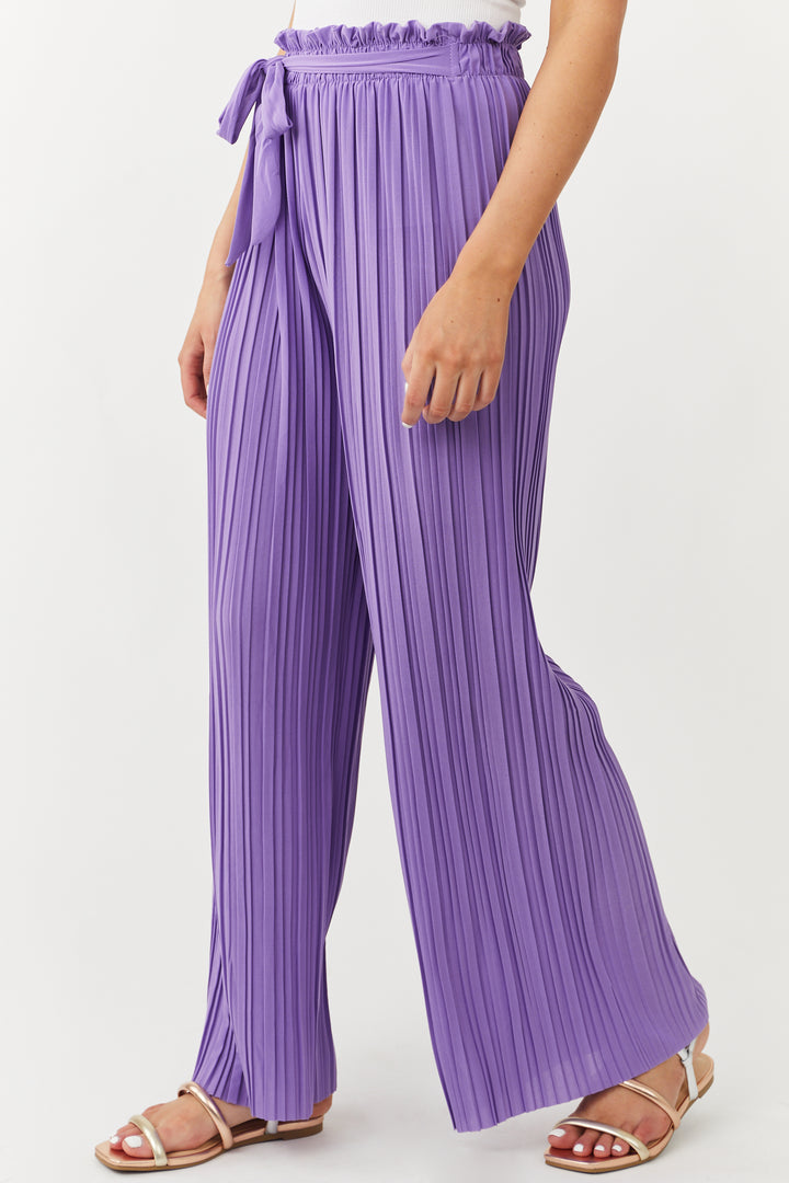Deep Lavender Pleated Wide Leg Waist Tie Pants
