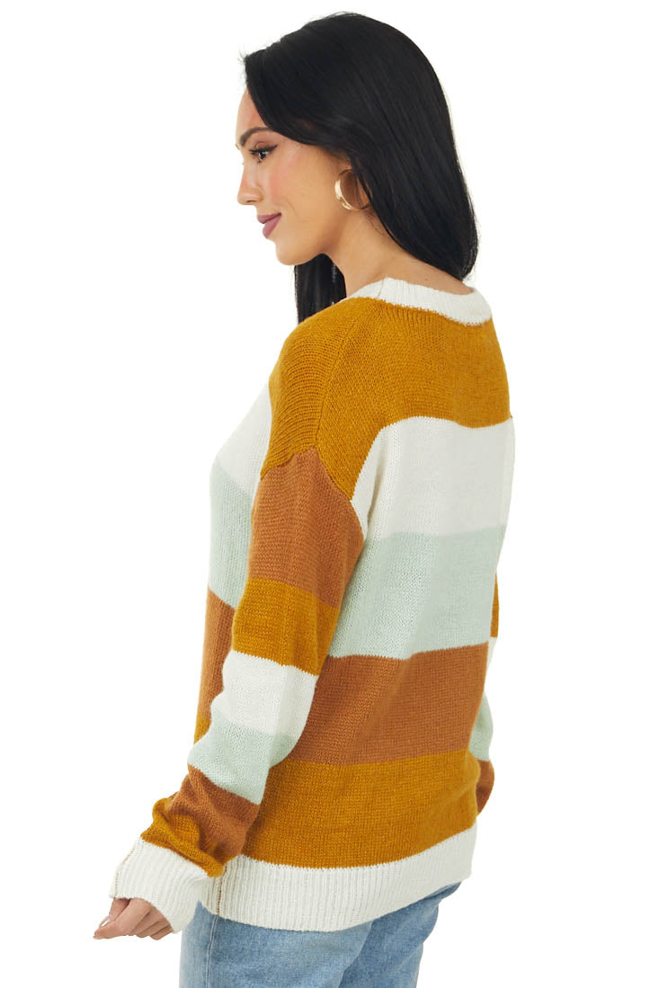 Deep Mustard Striped Drop Shoulder Sweater