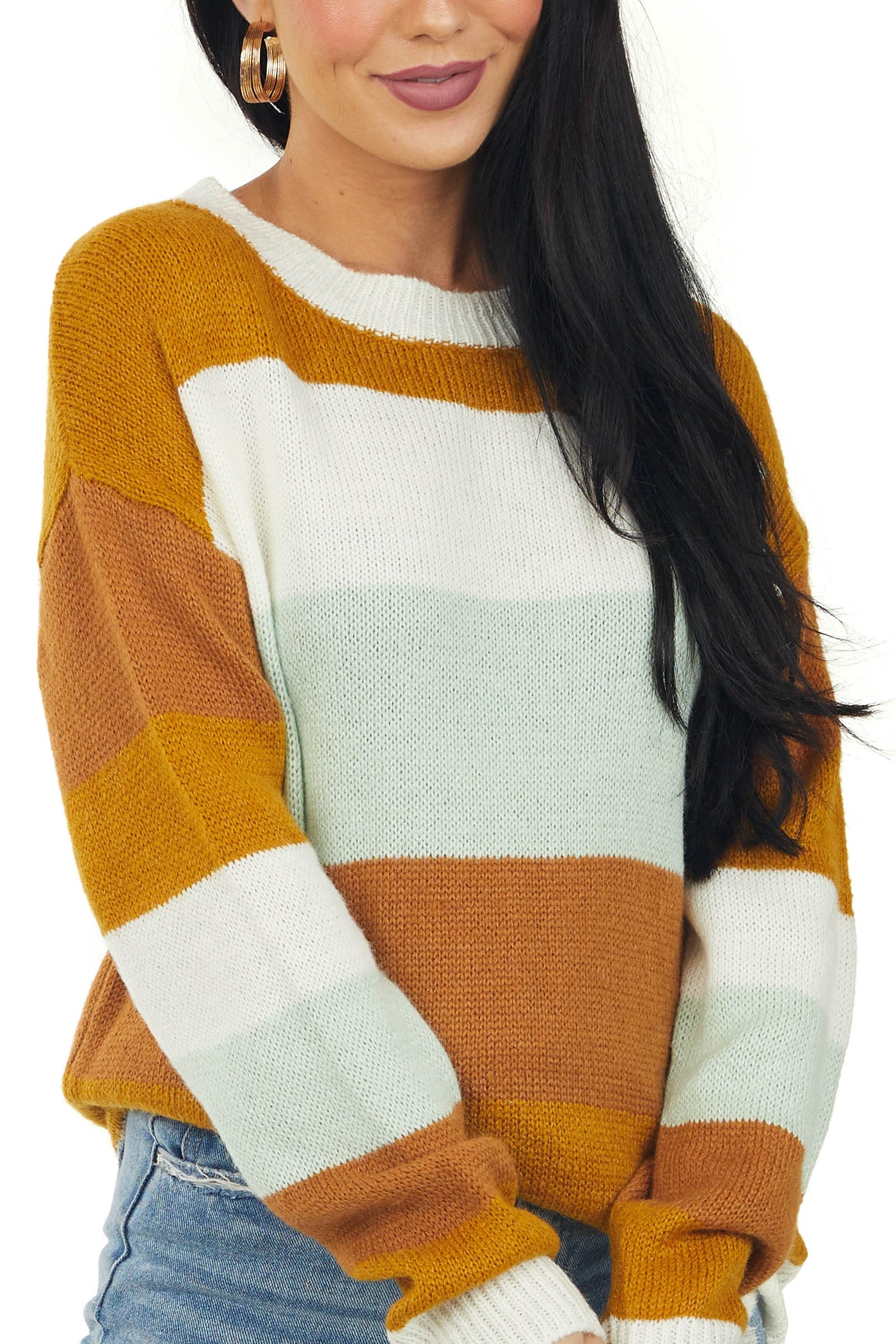 Deep Mustard Striped Drop Shoulder Sweater