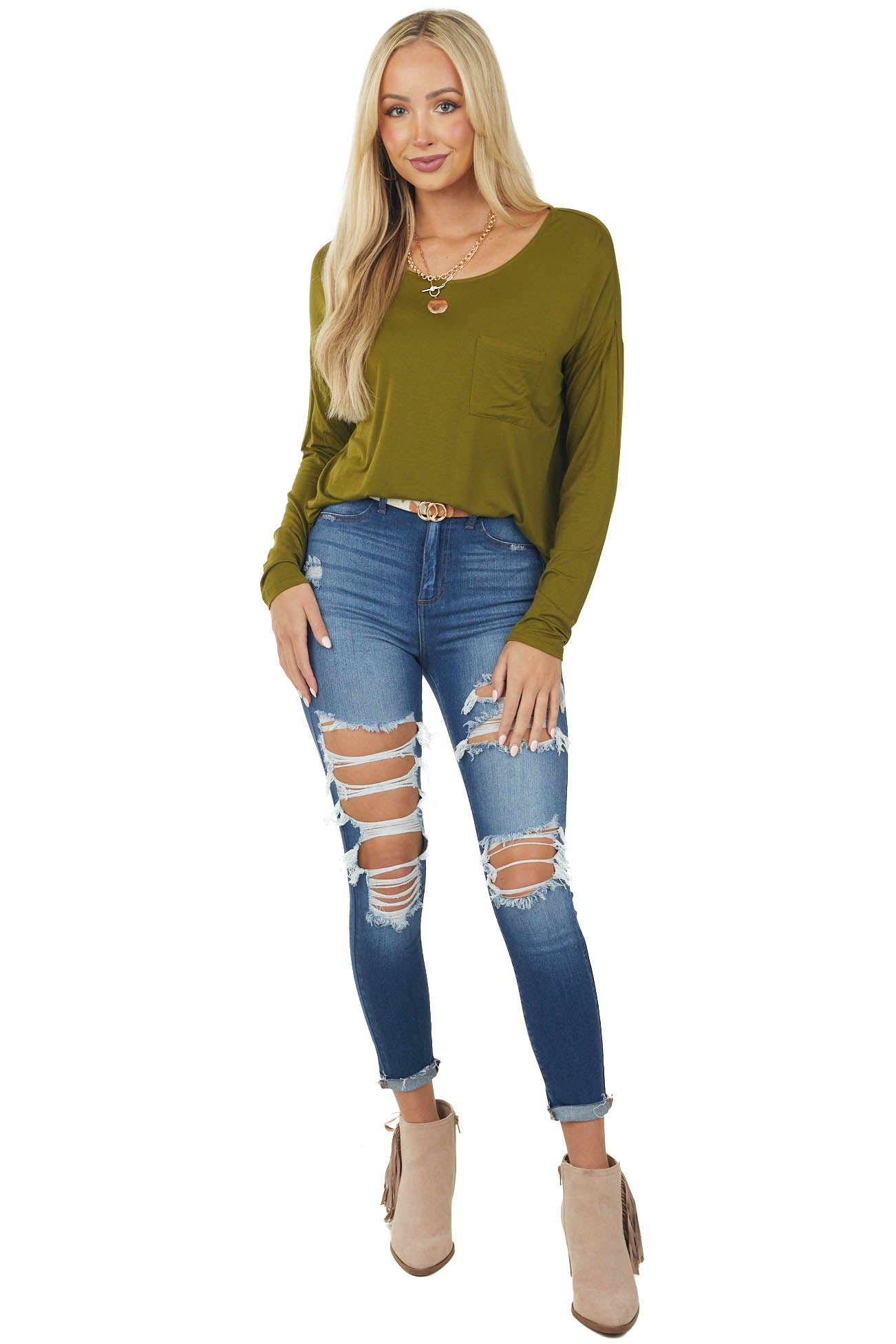 Deep Olive Long Sleeve Knit Top with Chest Pocket