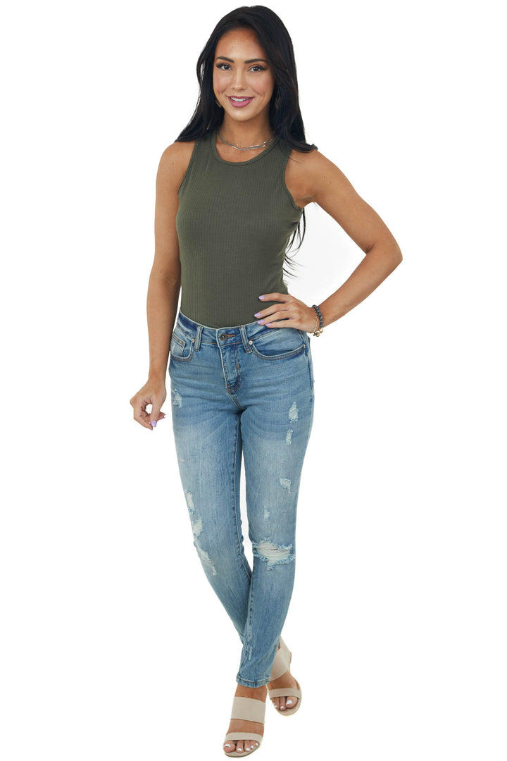 Deep Olive Ribbed Knit Scoop Neck Tank Top