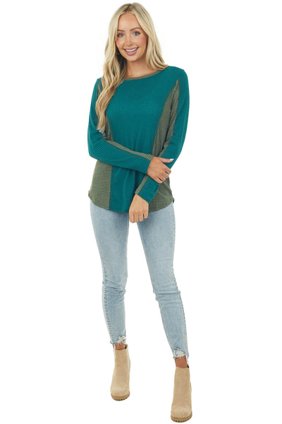 Deep Pine Long Sleeve Waffle Knit Top with Contrast Detail