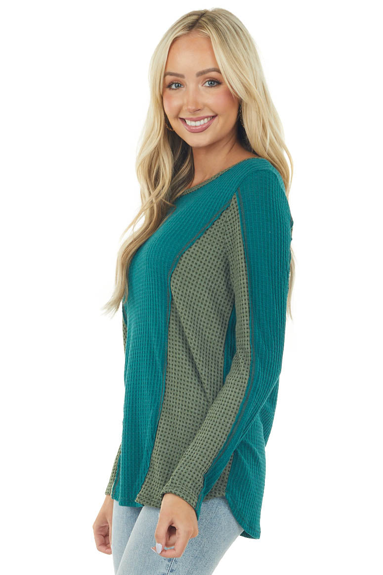 Deep Pine Long Sleeve Waffle Knit Top with Contrast Detail