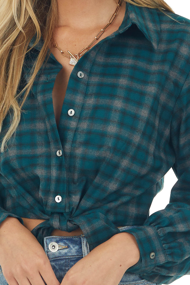 Deep Sea Blue Plaid Button Up Front Tie Woven Top